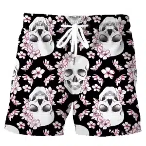 Pink Floral Sakura Bloom Skull Pattern Black Swim Trunks