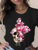 Pink Magnolia Bloom Half Skull Short Sleeve Women's T-Shirt