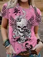 Pink Skull Wings Roses Gothic Art Women's T-Shirt