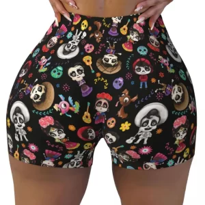 Playful Sugar Skull Skeleton Pattern Women’s Yoga Shorts