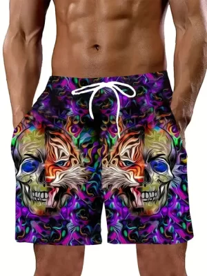 Psychedelic Skull & Tiger Art Multicolor Men's Shorts