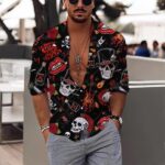 Punk Rock Skull & Flame Print Men's Long Sleeve Dress Shirt