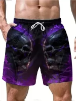 Purple Flame Dual Cyber Skull Graphic Art Swim Trunks