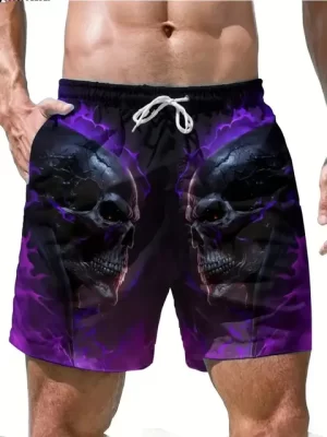 Purple Flame Dual Cyber Skull Graphic Art Swim Trunks