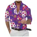 Purple Heart-Eyed Sugar Skull Men's Long Sleeve Dress Shirt