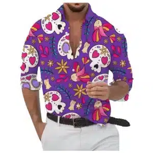 Purple Heart-Eyed Sugar Skull Men's Long Sleeve Dress Shirt