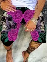 Purple Rose Floral Gothic Skull Art Black Men’s Shorts