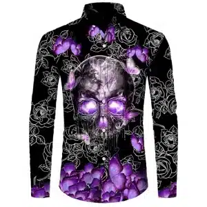 Purple Skull Butterfly Floral Art Men's Long Sleeve Dress Shirt