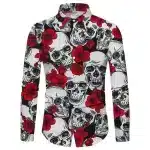 Red Floral Skull Pattern Men's Long Sleeve Dress Shirt