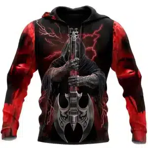 Red Lightning Metal Grim Skeleton Guitar Men’s Hoodie