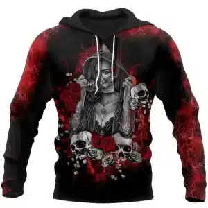 Red Rose Skull Tattoo Gothic Art Black Men’s Hoodie