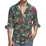 Retro Floral Fruit Skull Pattern Men's Long Sleeve Dress Shirt