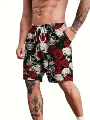 Retro Gothic Skull & Roses Red Floral Print Men's Shorts