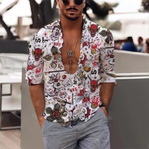 Retro Skull Devil Tattoo Icons Men's Long Sleeve Dress Shirt