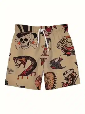 Retro Skull & Snake Dagger Tattoo Icons Art Swim Trunks