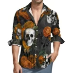 Retro Skull and Autumn Rose Men's Long Sleeve Dress Shirt