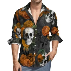 Retro Skull and Autumn Rose Men's Long Sleeve Dress Shirt