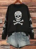 Rhinestone Skull Crossbones Web Punk Women's Sweatshirt