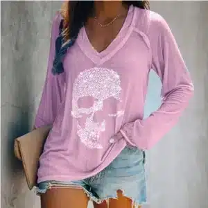 Rhinestone Skull Icon Women’s Long Sleeve V-Neck T-Shirt