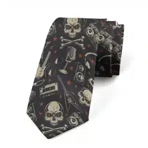 Rock 'n' Roll Skull Guitar Mic Icons Pattern Black Tie