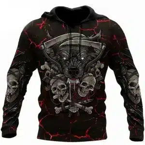 Scary Hound Wolf Skull Bones Molten Lava Men’s Hoodie