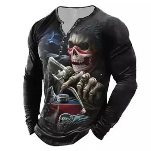 Skeleton Motorcycle Rider Henley Men’s Long Sleeve Shirt