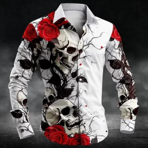 Skull Red Rose Wither Pattern Men's Long Sleeve Dress Shirt