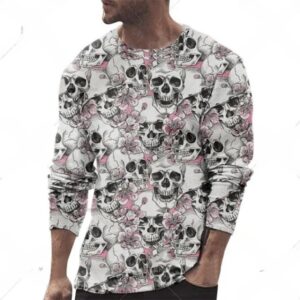 Skull and Floral Pattern White Men’s Long Sleeve T-Shirt