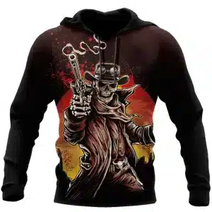 Smoking Gunslinger Skeleton Cowboy Art Retro Men’s Hoodie