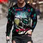 Splattered Paint Graffiti Skull Black Men’s Long Sleeve T-Shirt