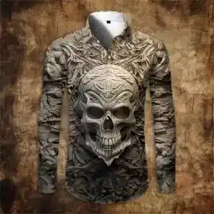 Tribal Skull Embossed Wood Men's Long Sleeve Dress Shirt