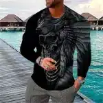 Tribal Skull Feathered Warrior Black Men’s Long Sleeve T-Shirt