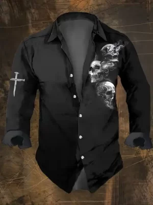 Triple Skull Soul Smoke Cross Men's Long Sleeve Dress Shirt