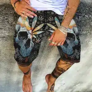 Trippy Cannabis Leaf Skull Geometric Pattern Swim Trunks