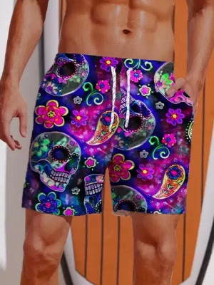 Trippy Cosmic Sugar Skulls Floral Paisley Swim Trunks