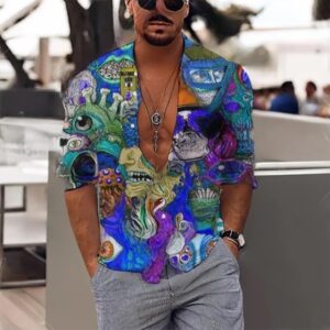 Trippy Eye Skull Monsters Men's Long Sleeve Dress Shirt