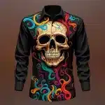 Trippy Skull and Swirl Print Men's Long Sleeve Dress Shirt