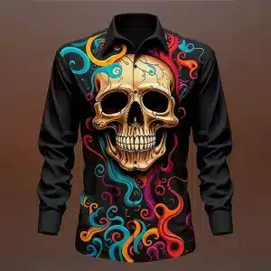 Trippy Skull and Swirl Print Men's Long Sleeve Dress Shirt