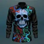 Trippy Skull and Swirl Print Men's Long Sleeve Dress Shirt