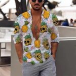 Tropical Pineapple & Skull Print Men's Long Sleeve Dress Shirt