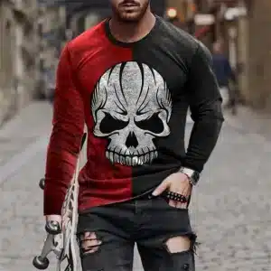 Two-Tone Black Red Skull Graphic Men’s Long Sleeve T-Shirt