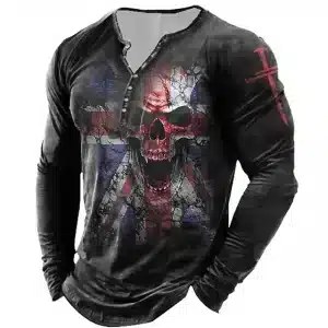 Union Jack USA Grunge Skull Henley Men’s Long Sleeve Shirt