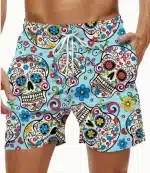 Vibrant Blue Floral Sugar Skull Day of the Dead Swim Trunks