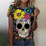 Vibrant Colorful Sugar Skull Floral Black Women's T-Shirt