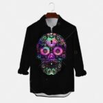 Vibrant Cosmic Sugar Skull Men's Long Sleeve Dress Shirt