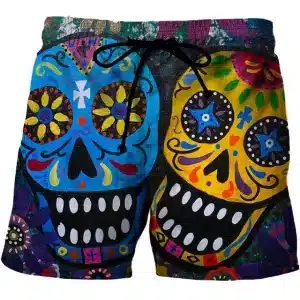 Vibrant Day of the Dead Smiling Sugar Skull Swim Trunks