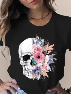 Vibrant Floral Bloom Skull Black Women's T-Shirt