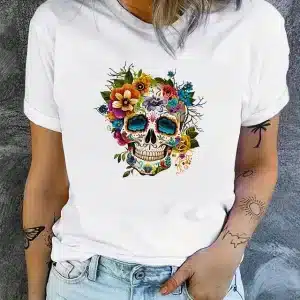 Vibrant Floral Calavera Sugar Skull White Women's T-Shirt