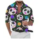 Vibrant Floral Sugar Skull Men's Long Sleeve Dress Shirt