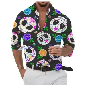 Vibrant Floral Sugar Skull Men's Long Sleeve Dress Shirt